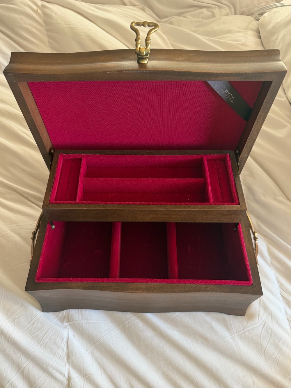 Rare Vintage Mahogany “Lady Buxton” Wooden Jewelry Box with Red Velvet Lining
